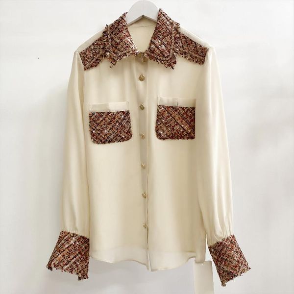 runway designer spring office women shirt elegant chiffon patchwork tweed diamonds beading button, White
runway designer spring office women shirt elegant chiffon patchwork tweed diamonds beading button, White