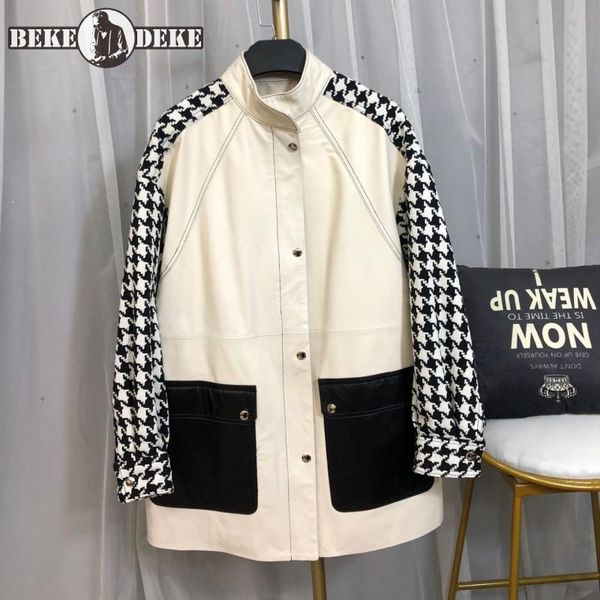 women's leather & faux white genuine jacket women patchwork plaid coat spring fashion single breasted stand collar cargo jackets windbr, Black
women's leather & faux white genuine jacket women patchwork plaid coat spring fashion single breasted stand collar cargo jackets windbr, Black