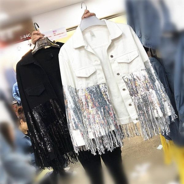 women's jackets 2021 fashion punk beading tassels women denim coat streetwear female white jacket sequins, Black;brown
women's jackets 2021 fashion punk beading tassels women denim coat streetwear female white jacket sequins, Black;brown