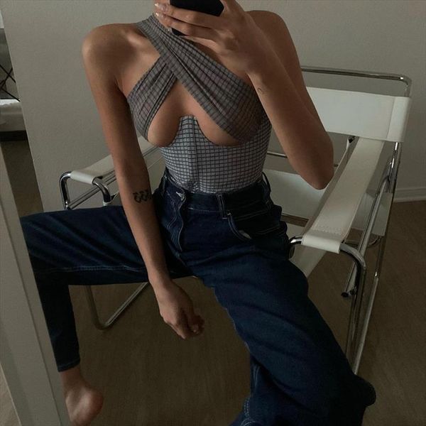 casual halter women tank summer plaid printed v neck sleeveless 90s streetwear tie up ruched hollow out, White
casual halter women tank summer plaid printed v neck sleeveless 90s streetwear tie up ruched hollow out, White