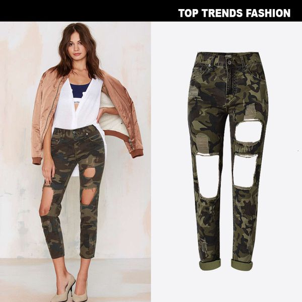 boyfriend style women's camouflage hole nine point pants cowboy casual, Blue