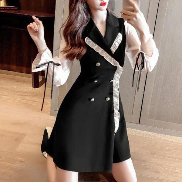 casual dresses black elegant dress women patchwork long sleeve mini party female ruffles fashion korean clothing autumn 2021 office, Black;gray
casual dresses black elegant dress women patchwork long sleeve mini party female ruffles fashion korean clothing autumn 2021 office, Black;gray