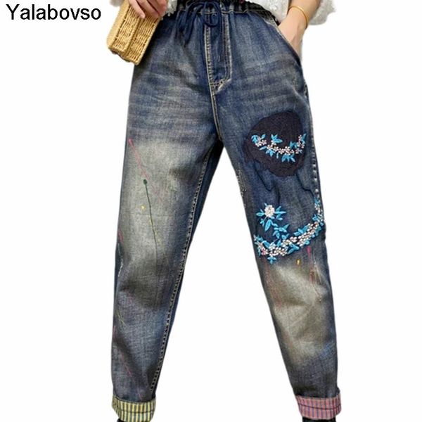 women's jeans contrast color calf-length autumn elastic waist washed cartoon embroidery casual loose leg women korean fashion, Blue
women's jeans contrast color calf-length autumn elastic waist washed cartoon embroidery casual loose leg women korean fashion, Blue