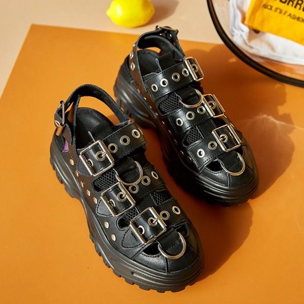 sandals summer metal decorations genuine leather women round toe buckle straps shoes high heels casual street style, Black
sandals summer metal decorations genuine leather women round toe buckle straps shoes high heels casual street style, Black