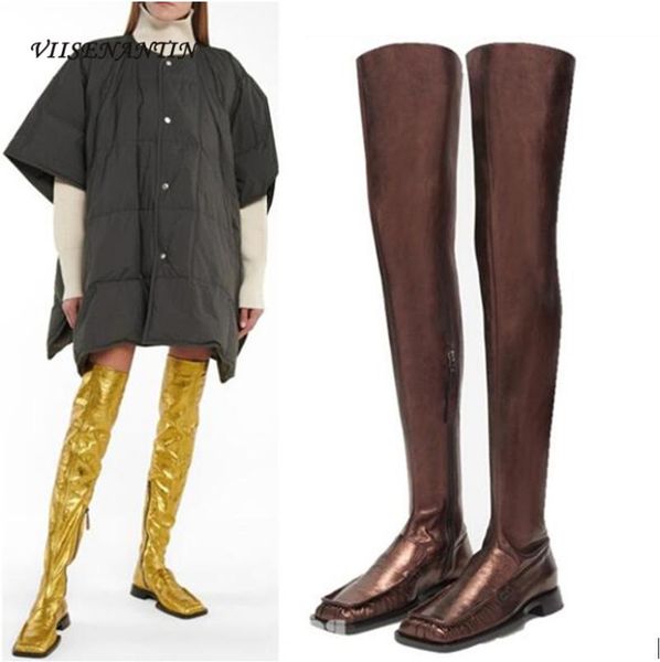boots leather square toe stretch over the knee gold combat fold side zipper fashion high slimming mid-heel knight, Black
boots leather square toe stretch over the knee gold combat fold side zipper fashion high slimming mid-heel knight, Black