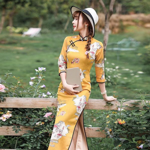women short sleeve high split qipao chinese style mandarin collar formal yellow print long slim cheongsam ethnic clothing, Red
women short sleeve high split qipao chinese style mandarin collar formal yellow print long slim cheongsam ethnic clothing, Red