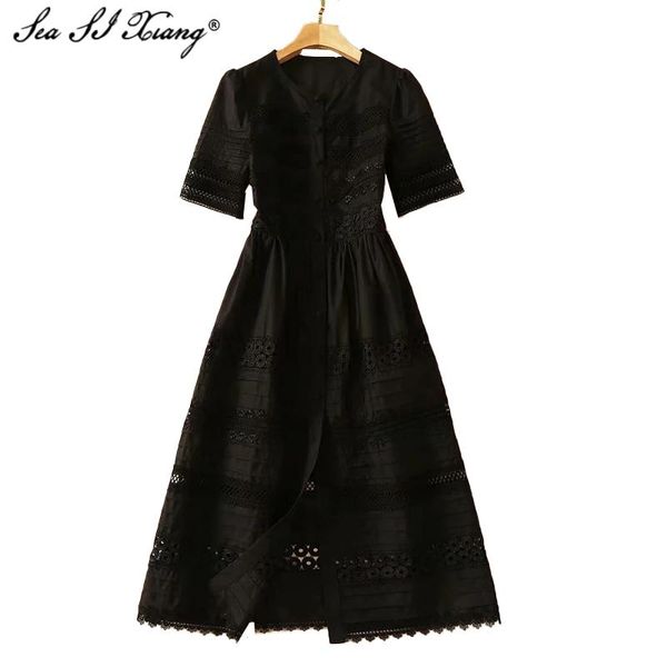 casual dresses seasixiang fashion designer summer dress women's short sleeved embroidery hollow out vintage single breasted, Black;gray
casual dresses seasixiang fashion designer summer dress women's short sleeved embroidery hollow out vintage single breasted, Black;gray