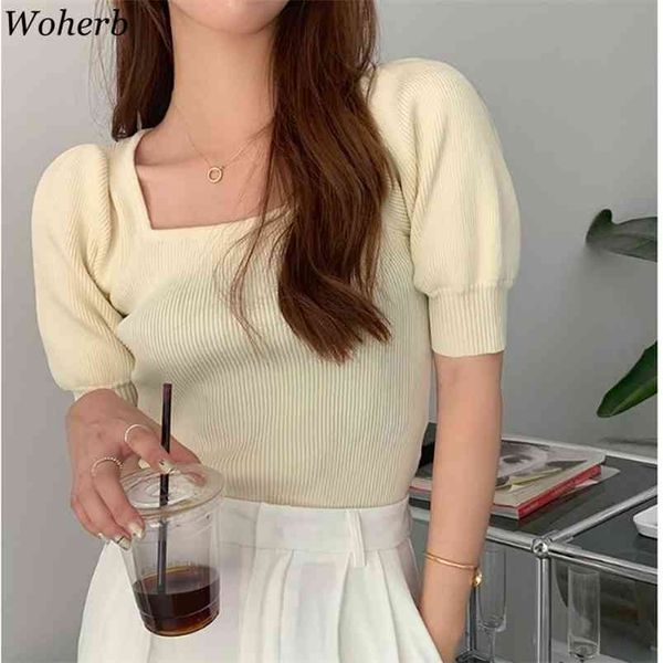 chic knitted t-shirt women summer korean tees square neck puff sleeve slim thin 1 fashion sweet shirts 210519, White
chic knitted t-shirt women summer korean tees square neck puff sleeve slim thin 1 fashion sweet shirts 210519, White