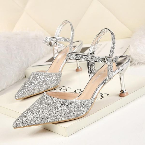 summer women medium high heels bling sandals gold silver red glitter closed toe female wedding party shoes, Black