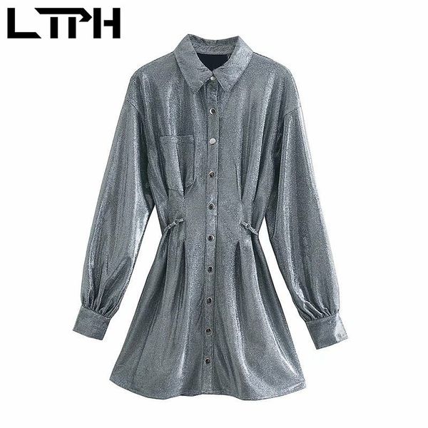 shiny silver shirt dress women long sleeve lapel high waist slim hollow design elegant dresses spring autumn 210427, Black;gray
shiny silver shirt dress women long sleeve lapel high waist slim hollow design elegant dresses spring autumn 210427, Black;gray