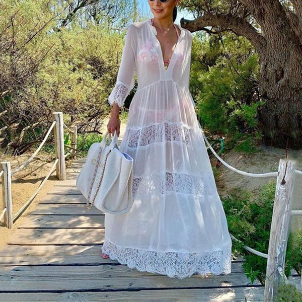 women's swimwear 2021 v-neck lace patchwork tunics for beach robe de plage see through pareo dress kaftan chiffon bikini cover up, White;black
women's swimwear 2021 v-neck lace patchwork tunics for beach robe de plage see through pareo dress kaftan chiffon bikini cover up, White;black
