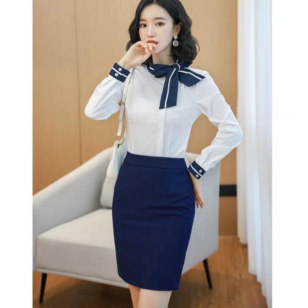 women's blouses & shirts 2021 office ladies white women 2 piece skirt and sets long sleeve work wear clothes