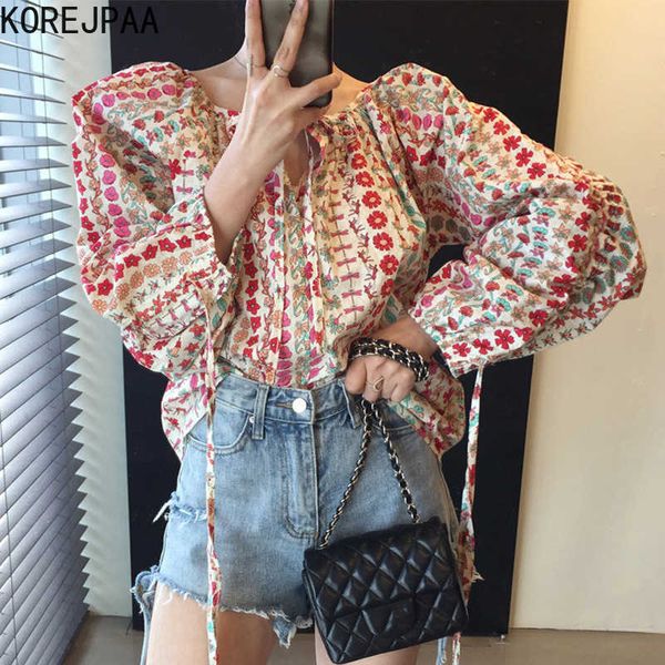 korejpaa women shirt summer korean fashion holiday bow tie o neck loose drawstring bubble sleeve floral blouse de mujer 210526, White 
korejpaa women shirt summer korean fashion holiday bow tie o neck loose drawstring bubble sleeve floral blouse de mujer 210526, White