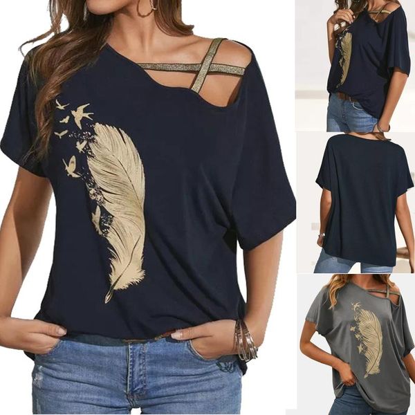 women t shirt feather print summer short sleeve casual tee sequins strap off shoulder hollow up harajuku cotton women's t-shirt, White
women t shirt feather print summer short sleeve casual tee sequins strap off shoulder hollow up harajuku cotton women's t-shirt, White