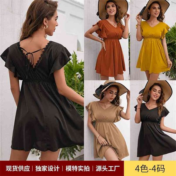 women's summer backless lace stitching v-neck short-sleeved dress fashion solid color high waist a-line mini 210517, Black;gray
women's summer backless lace stitching v-neck short-sleeved dress fashion solid color high waist a-line mini 210517, Black;gray