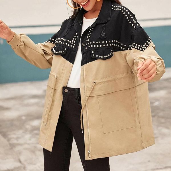women's trench coats windbreaker denim stitching jacket autumn winter rivet ripped loose coat women casual contrast color drawstring lo, Tan;black
women's trench coats windbreaker denim stitching jacket autumn winter rivet ripped loose coat women casual contrast color drawstring lo, Tan;black