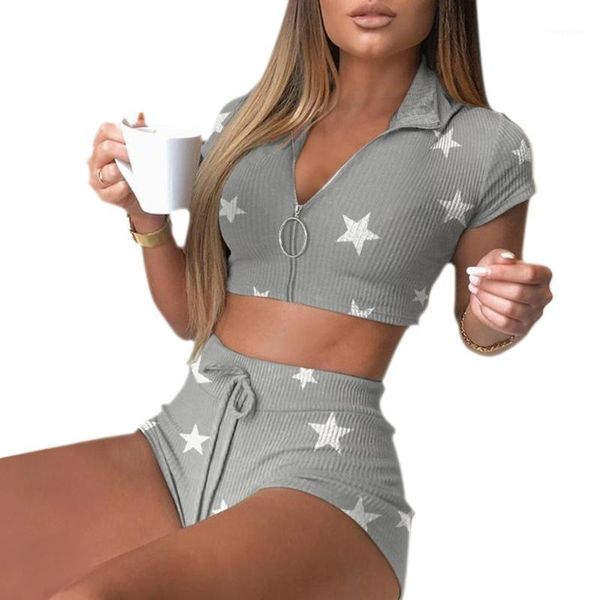 knitted women's suit two-piece zipper short-sleeved drawstring shorts star print v-neck lapel tight sports sets for summer tracksuits, Gray
knitted women's suit two-piece zipper short-sleeved drawstring shorts star print v-neck lapel tight sports sets for summer tracksuits, Gray