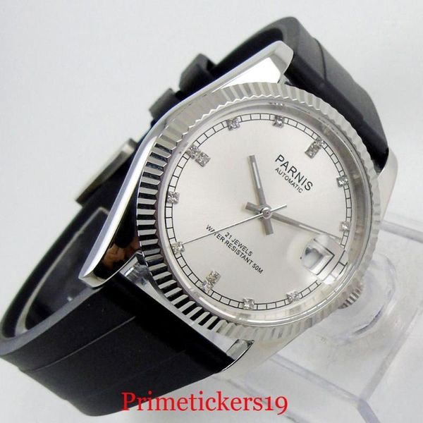 36mm mechancial men's watch white dial with sapphire crystal date display rubber strap automatic movement wristwatches, Slivery;brown
36mm mechancial men's watch white dial with sapphire crystal date display rubber strap automatic movement wristwatches, Slivery;brown