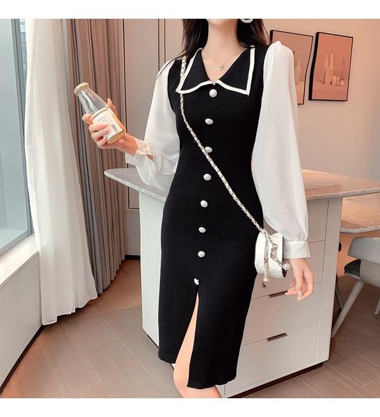 french design chiffon long sleeve matching knitwear dress with jag hem women's slim button casual dresses, Black;gray
french design chiffon long sleeve matching knitwear dress with jag hem women's slim button casual dresses, Black;gray