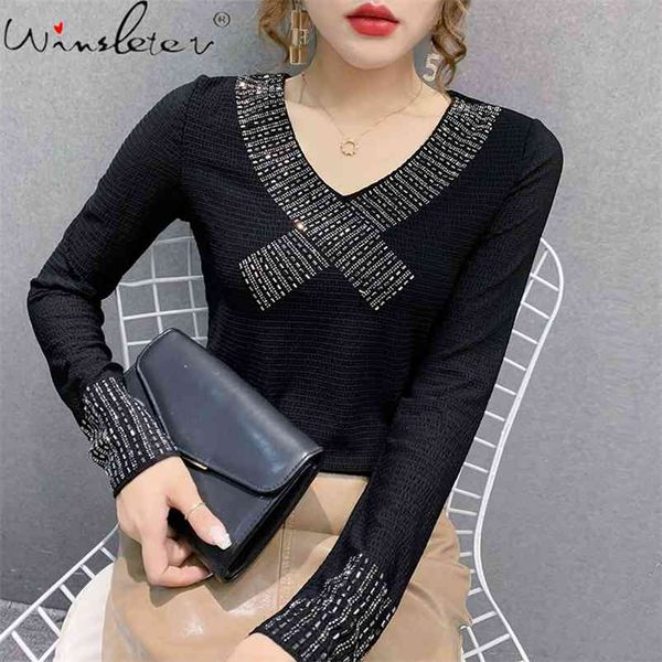 black tshirt v-neck diamonds bling casual t-shirt slim stretchy long sleeve spring autumn t0d506a 210421, White
black tshirt v-neck diamonds bling casual t-shirt slim stretchy long sleeve spring autumn t0d506a 210421, White