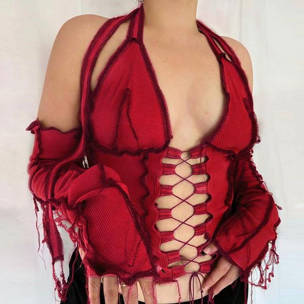 backless halter ribbed tie front women long sleeve hollow out lace up t shirts patchwork bodycon y2k crop women's t-shirt, White
backless halter ribbed tie front women long sleeve hollow out lace up t shirts patchwork bodycon y2k crop women's t-shirt, White