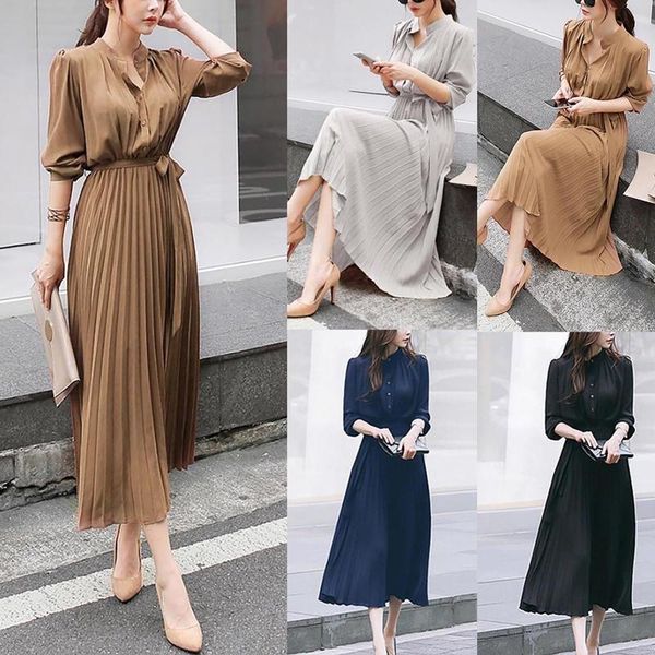 casual dresses office lady elegant dress solid long sleeve beam waist big swing pleated fashion summer sash vestidos, Black;gray
casual dresses office lady elegant dress solid long sleeve beam waist big swing pleated fashion summer sash vestidos, Black;gray