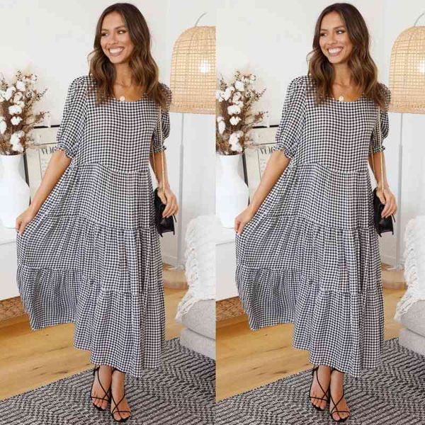 new puff sleeves o-neck black white plaid patchwork anklet-length dress ladies loose sundress for women vestidos de mujer casual 210414, Black;gray
new puff sleeves o-neck black white plaid patchwork anklet-length dress ladies loose sundress for women vestidos de mujer casual 210414, Black;gray