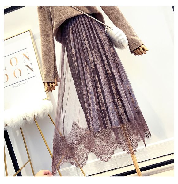 autumn new women skirts super fairy lace spliced velvet skirt winter elegant tulle long pleated black falda mujer saias
autumn new women skirts super fairy lace spliced velvet skirt winter elegant tulle long pleated black falda mujer saias