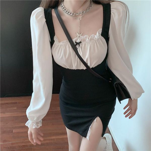 fake two piece stitching contrast color long-sleeved dress women spring 2021 korean style white black slim slit short casual dresses, Black;gray
fake two piece stitching contrast color long-sleeved dress women spring 2021 korean style white black slim slit short casual dresses, Black;gray
