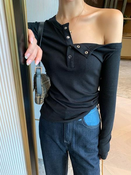 women's t-shirt 2021 autumn the black tees women side off shoulder button collar knit t shirt mujer retro sheath long sleeve, White
women's t-shirt 2021 autumn the black tees women side off shoulder button collar knit t shirt mujer retro sheath long sleeve, White