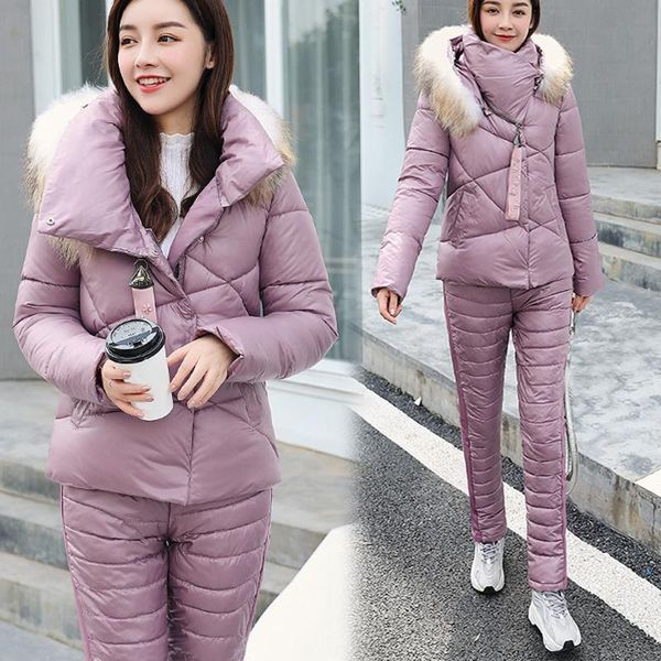 women's two piece pants hooded coat set winter thick warm down solid color + two-piece cotton, White
women's two piece pants hooded coat set winter thick warm down solid color + two-piece cotton, White