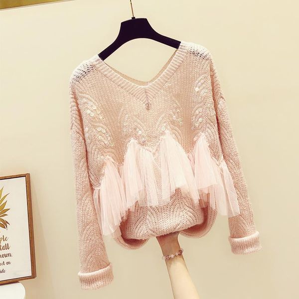 women's sweaters sequined mesh stitching v-neck woolen sweater 2021 autumn style loose jumper pull, White;black
women's sweaters sequined mesh stitching v-neck woolen sweater 2021 autumn style loose jumper pull, White;black