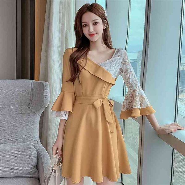 korean spring elegant mini party dress fashion women casual belt lace flare sleeve splicing vintage female 210519, Black;gray
korean spring elegant mini party dress fashion women casual belt lace flare sleeve splicing vintage female 210519, Black;gray
