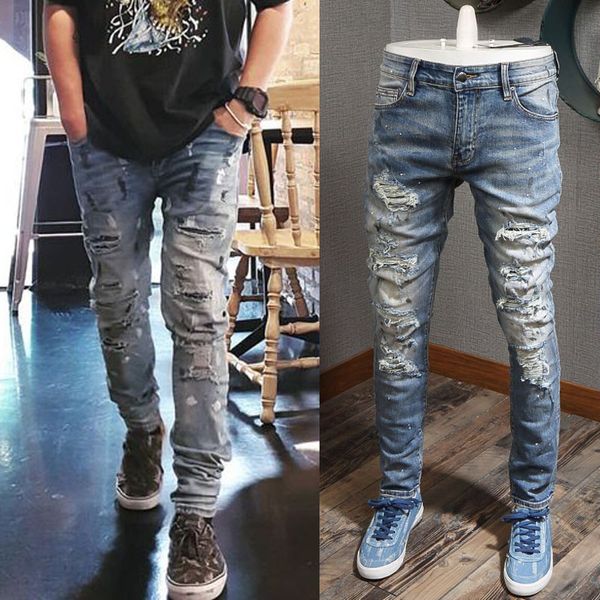 crystal patch worn out painted effect man jeans damage wash skinny fit fashion denim trousers guy's, Blue
crystal patch worn out painted effect man jeans damage wash skinny fit fashion denim trousers guy's, Blue