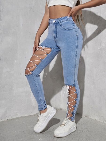 high waisted lace up front jeans w5ir#, Blue 
high waisted lace up front jeans w5ir#, Blue