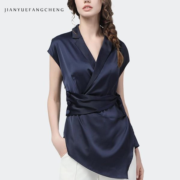 women's blouses & shirts fashion dark blue ladies satin shirt 2021 summer short sleeve v-neck elegant side hanging buckle irregular off, White
women's blouses & shirts fashion dark blue ladies satin shirt 2021 summer short sleeve v-neck elegant side hanging buckle irregular off, White