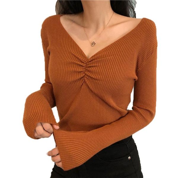 women's knits & tees women deep v neck sweater ribbed knit long sleeve ruched solid jumper top, White
women's knits & tees women deep v neck sweater ribbed knit long sleeve ruched solid jumper top, White