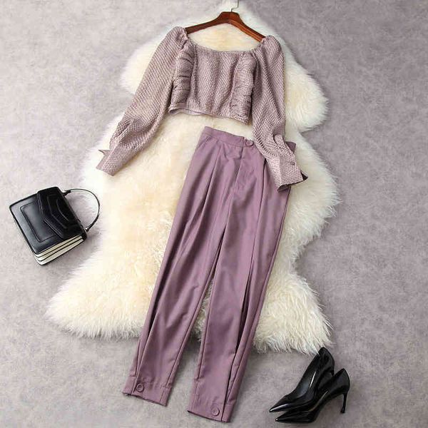 women's two piece pants spring summer long sleeve square neck purple ruched + high waist ankle length suits 2 s set 21m1911970 m9tz, White 
women's two piece pants spring summer long sleeve square neck purple ruched + high waist ankle length suits 2 s set 21m1911970 m9tz, White