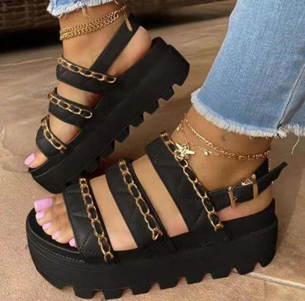 summer thick-soled mid-heel metal chain buckle roman sandals women's european and american large size small fragrance s, Black
summer thick-soled mid-heel metal chain buckle roman sandals women's european and american large size small fragrance s, Black