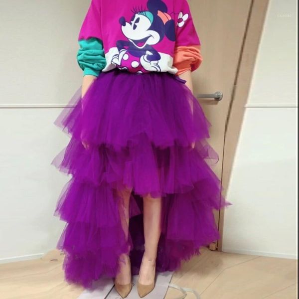 fashion tulle skirts women purple jupe femme fluffy female elastic waist long skirt, Black