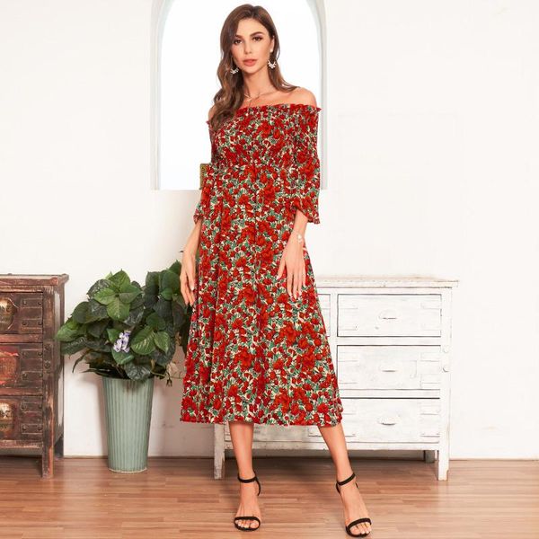 party dresses summer women's ladies sweet holiday style elastic one-shoulder flower thin elegant trumpet sleeve mid-length dress, White;black 
party dresses summer women's ladies sweet holiday style elastic one-shoulder flower thin elegant trumpet sleeve mid-length dress, White;black