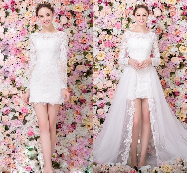 other wedding dresses lace short beach dress 2021 with detachable train long sleeves bridal gown customed made robe de mariage, White
other wedding dresses lace short beach dress 2021 with detachable train long sleeves bridal gown customed made robe de mariage, White