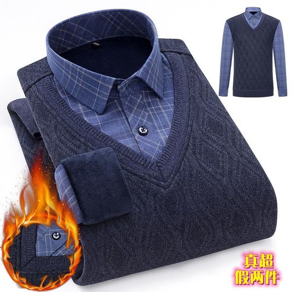 men's dress shirts 2021 thickened fake two shirt collar sweater autumn winter plush warm middle-aged and elderly wear, White;black
men's dress shirts 2021 thickened fake two shirt collar sweater autumn winter plush warm middle-aged and elderly wear, White;black