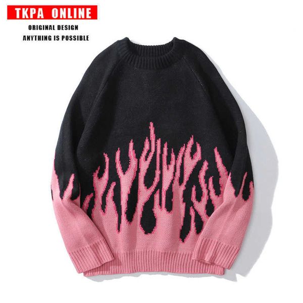 fashion sweater tkpa guochao street men's and women's same size loose flame knitted lovers' top, White;black 
fashion sweater tkpa guochao street men's and women's same size loose flame knitted lovers' top, White;black