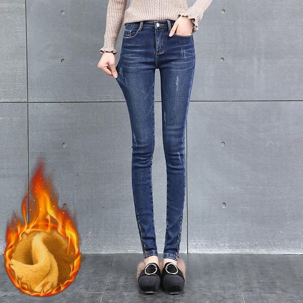 women's jeans cashmere warm stretching high waist flowers embroidery pants femme skinny black women trousers, Blue
women's jeans cashmere warm stretching high waist flowers embroidery pants femme skinny black women trousers, Blue