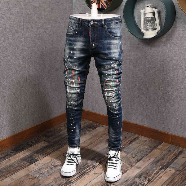men's jeans fashion streetwear slim fit paint designer elastic hip hop pants spliced biker homme zhhs, Blue
men's jeans fashion streetwear slim fit paint designer elastic hip hop pants spliced biker homme zhhs, Blue