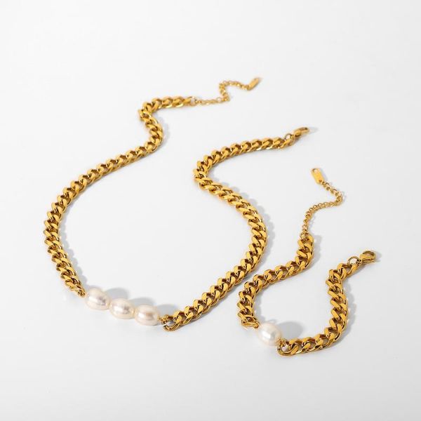 pendant necklaces hip cuban chain necklace stainless steel jewelry set 18k gold plated curb link bracelets women pearl choker waterproof, Silver
pendant necklaces hip cuban chain necklace stainless steel jewelry set 18k gold plated curb link bracelets women pearl choker waterproof, Silver