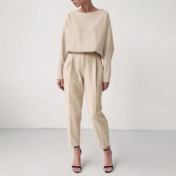 women's two piece pants solid women sets fashion o-neck long sleeve and high waist slim casual basic pencil suit ladies, White
women's two piece pants solid women sets fashion o-neck long sleeve and high waist slim casual basic pencil suit ladies, White