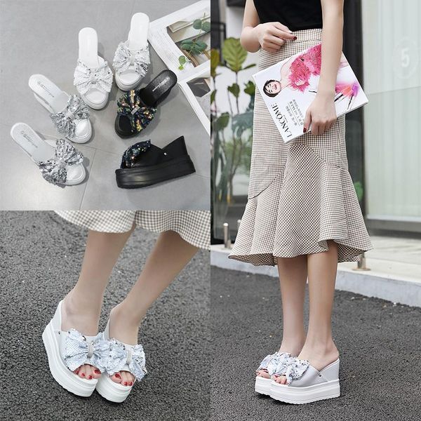 wedge heel super high sandals waterproof platform sweet bow sequined fish mouth shoes trifle slippers, Black
wedge heel super high sandals waterproof platform sweet bow sequined fish mouth shoes trifle slippers, Black
