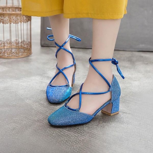 dress shoes big size 11 12 13 14 high heels sandals women woman summer ladies crossed lace sequined cloth with square heel, Black